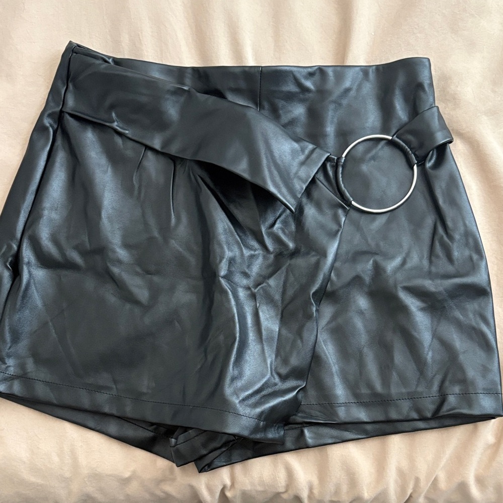Black Faux Leather Shorts with Ring Detail